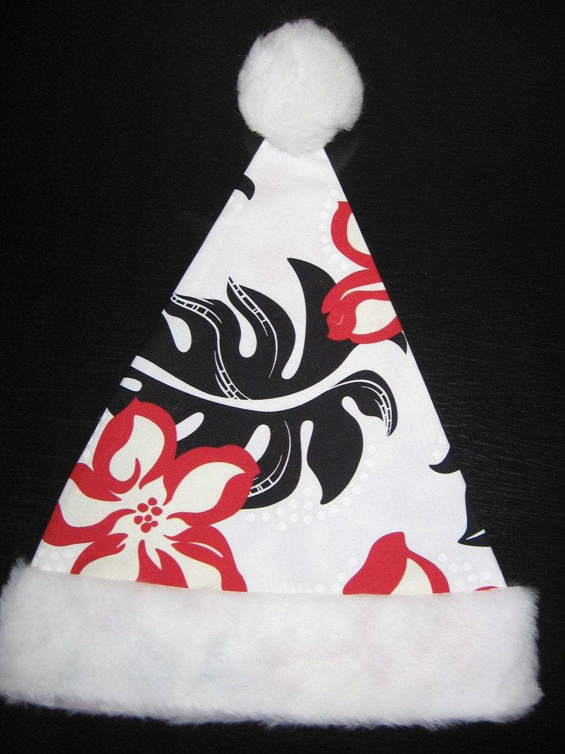White, Black and Red Hibiscus Hawaiian Santa Hat