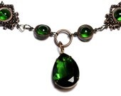 Steampunk Necklace - Copper Tone with Emerald green Faceted Quality Diamond Cut Glass Gem Stone Jewel