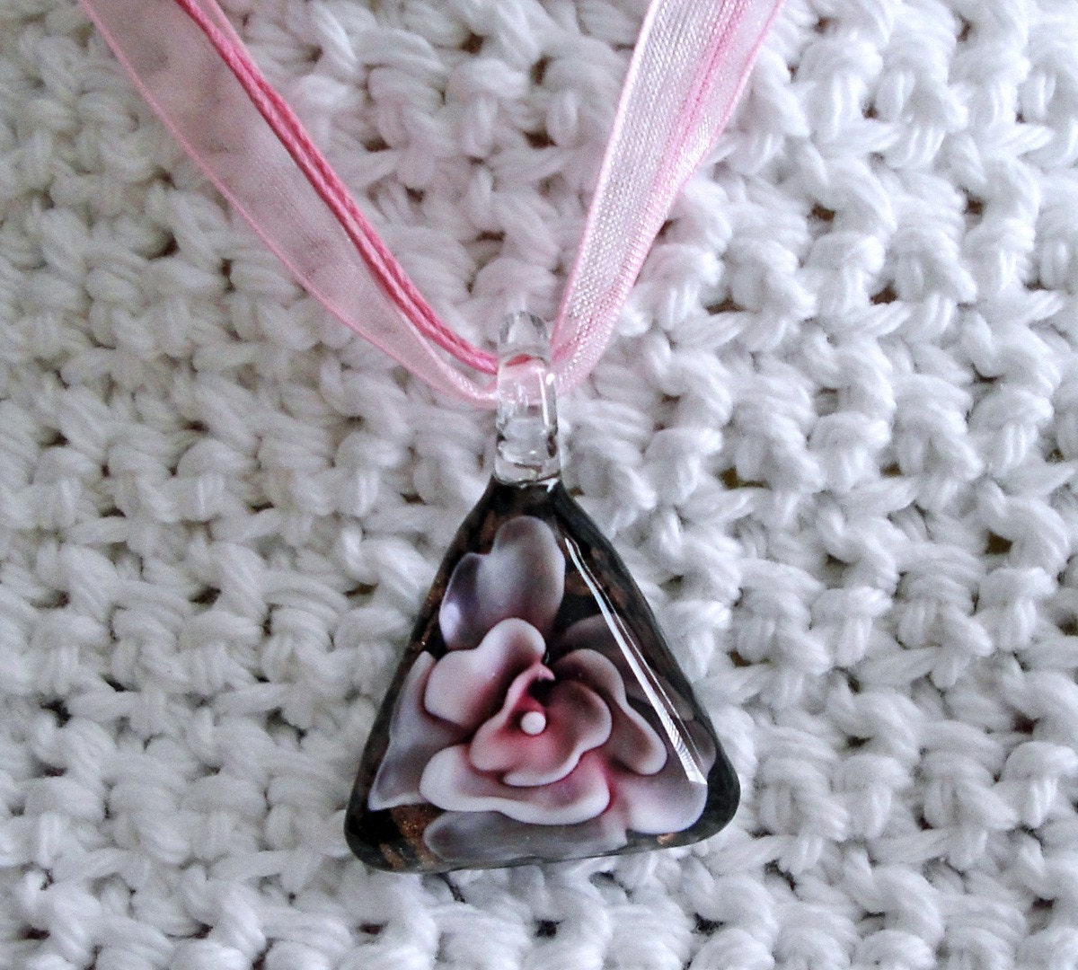 Pink Triangle Flower Murano Glass and Ribbon Necklace