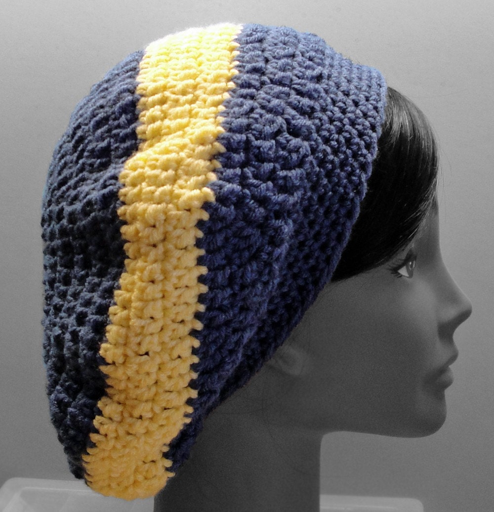 Slouchy Beret Hat - Denim Blue & Yellow - Hand Crocheted - Ready to Ship