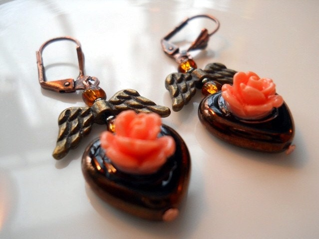 Heart Earrings Winged Copper and Black Picasso Glass   With Peach Rose  Free US Shipping