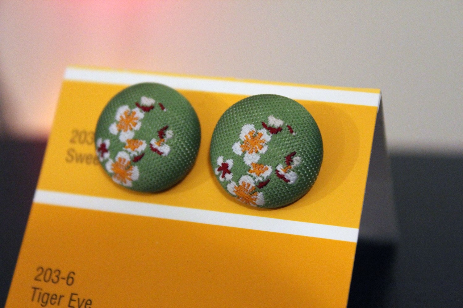 Green fabric flower studd earrings