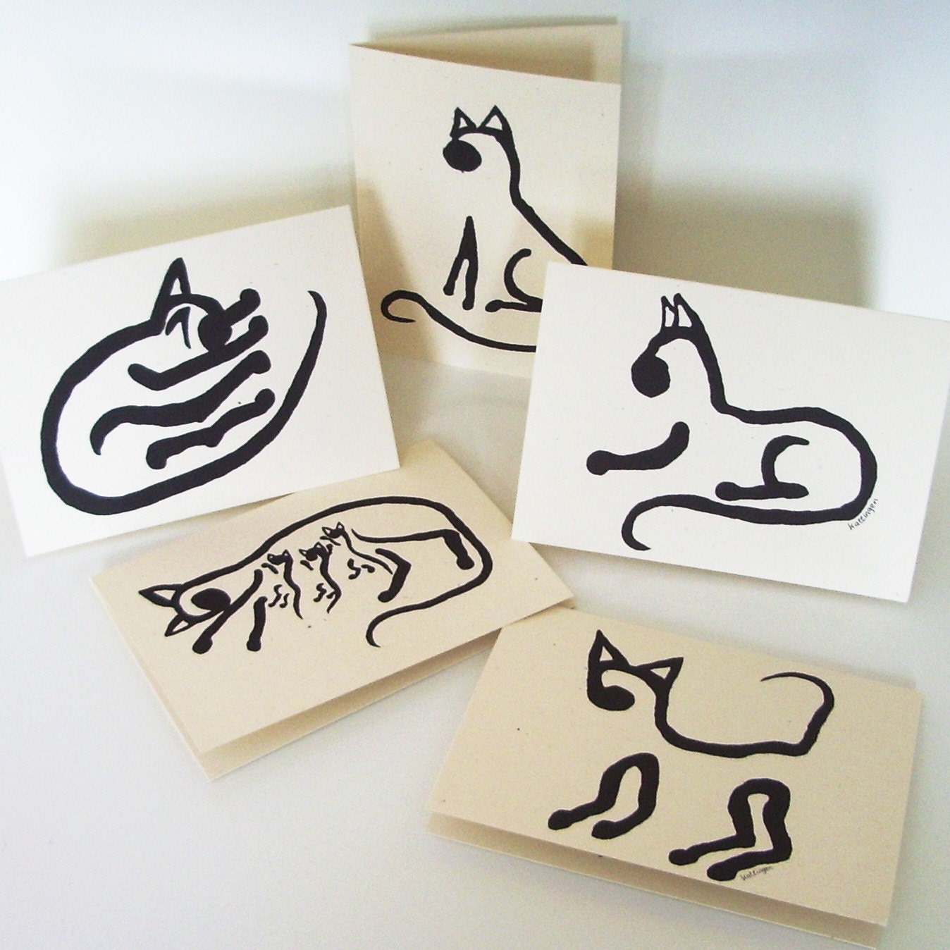 Set of 5 Cat Art Postcards with envelopes