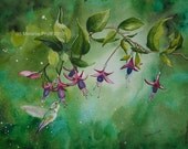 ORIGINAL watercolor Garden Flower Hummingbird 12x16 Painting by M. Pruitt