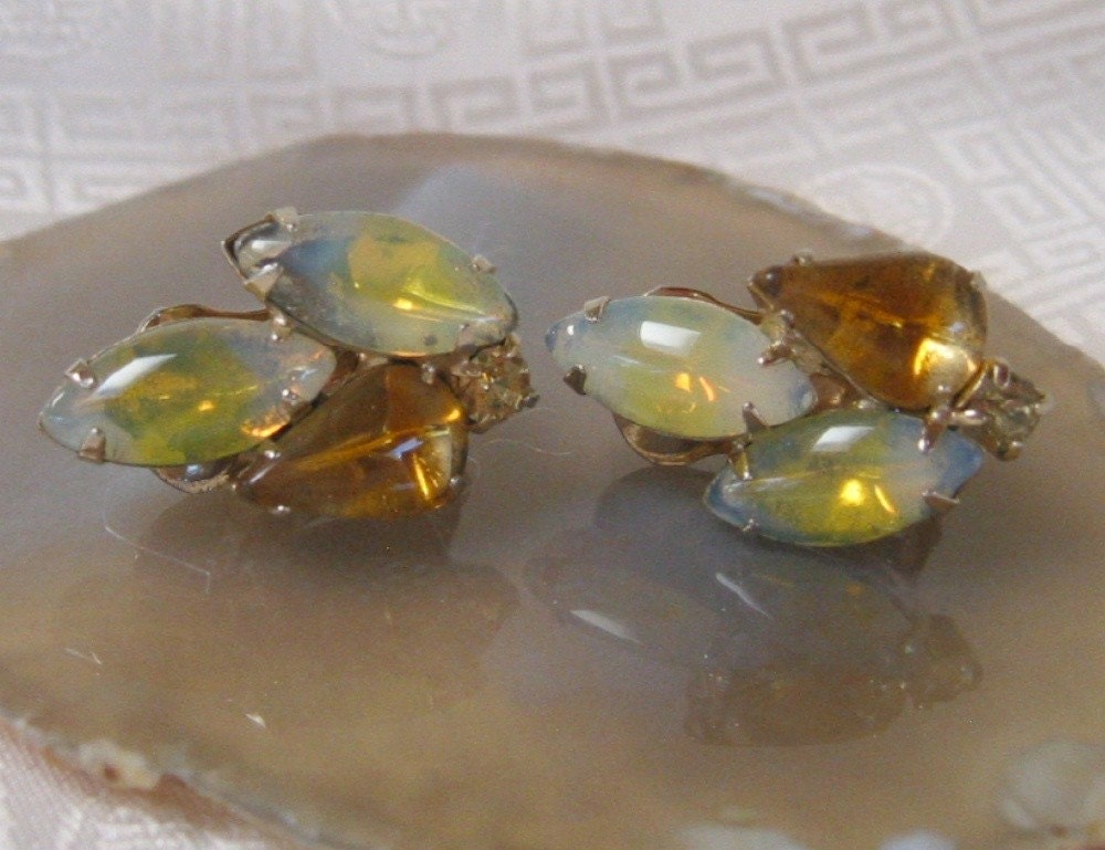 Moonstone Earrings Vintage Topaz and Yellow Cabachon Earrings