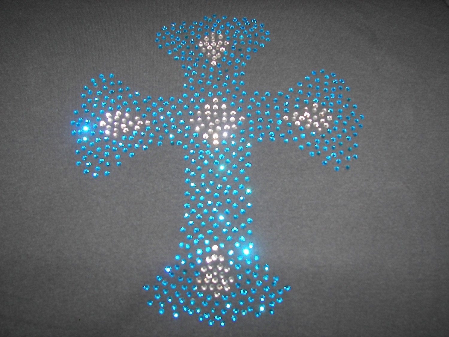 Aqua Blue Bling Custom Crystal Cross Shirt-Lots of sparkle and BLING-