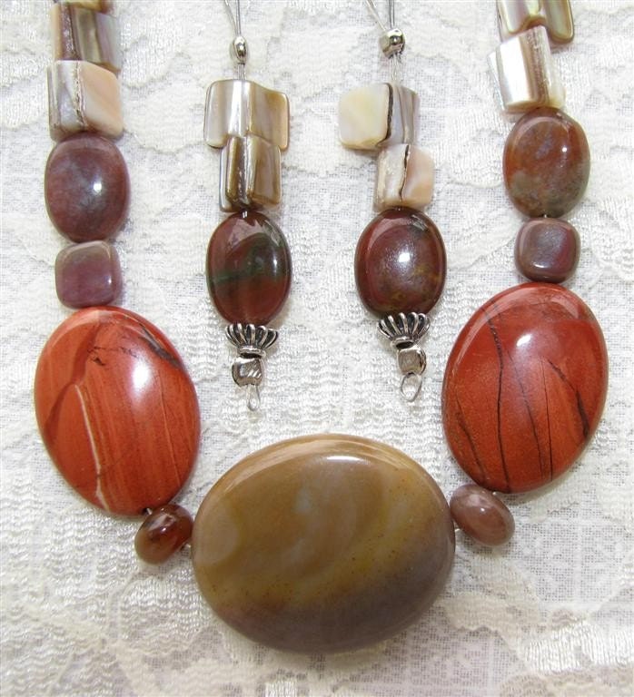 Red Jasper and Mother of Pearl Necklace and Pierced Earring Set