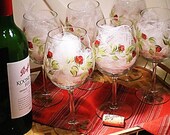 Hand Painted Wine Glasses Set of 8 - Contemporary Red Rose Design Painted Glassware Handpainted Red Wine
