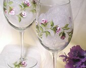 Glassware - Hand Painted Wine Glasses, Amethyst Lavender Rose Buds, White Edges, Fresh Green Leaves Set of FOUR Mothers Day Summer Spring