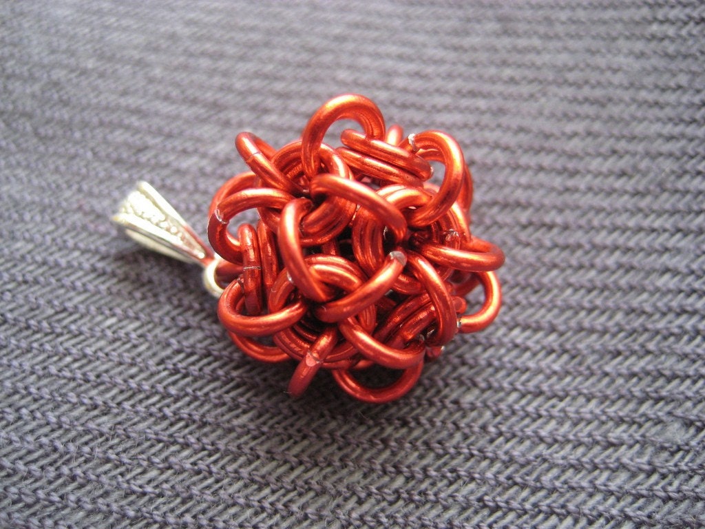 Tiny Chainmaille Ball Pendant - Porcupine in Red