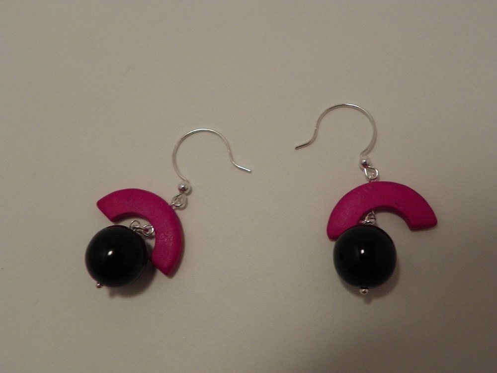 Hot Pink & Black Dangle Earrings - Revamped Vintage One of a Kind FREE SHIPPING