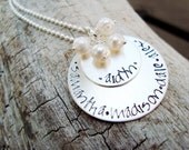 layered hand stamped sterling silver personalized mothers necklace... pearl cluster necklace.. custom names necklace