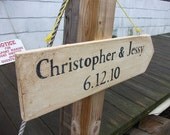 Custom Handpainted Personalized Directional Hanging Arrow Wedding Ceremony Reception Sign, choice of Black, Brown, Grey Lettering