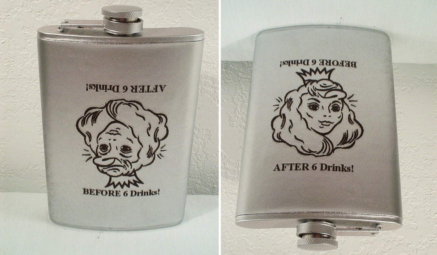 NEW 8 oz Before and After 6 Drinks Adult Joke Stainless Steel Whiskey or Rum Flask With FREE Custom Lasering and In-country Shipping