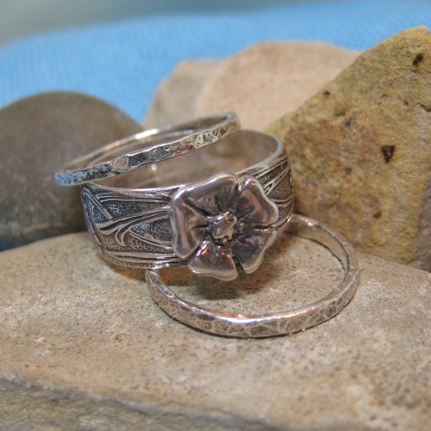 Victorian Rose Wedding Engagement Ring Set Wide Sterling Silver Flower Band Thin Stacking Rings JJDLJewelryArt