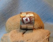 Queen of Hearts Wedding Ring Wide Silver Brass Band Tiny Red Stamped Heart Turquoise Blue Burgundy Patina Alternative Offbeat JJDLJewelryArt