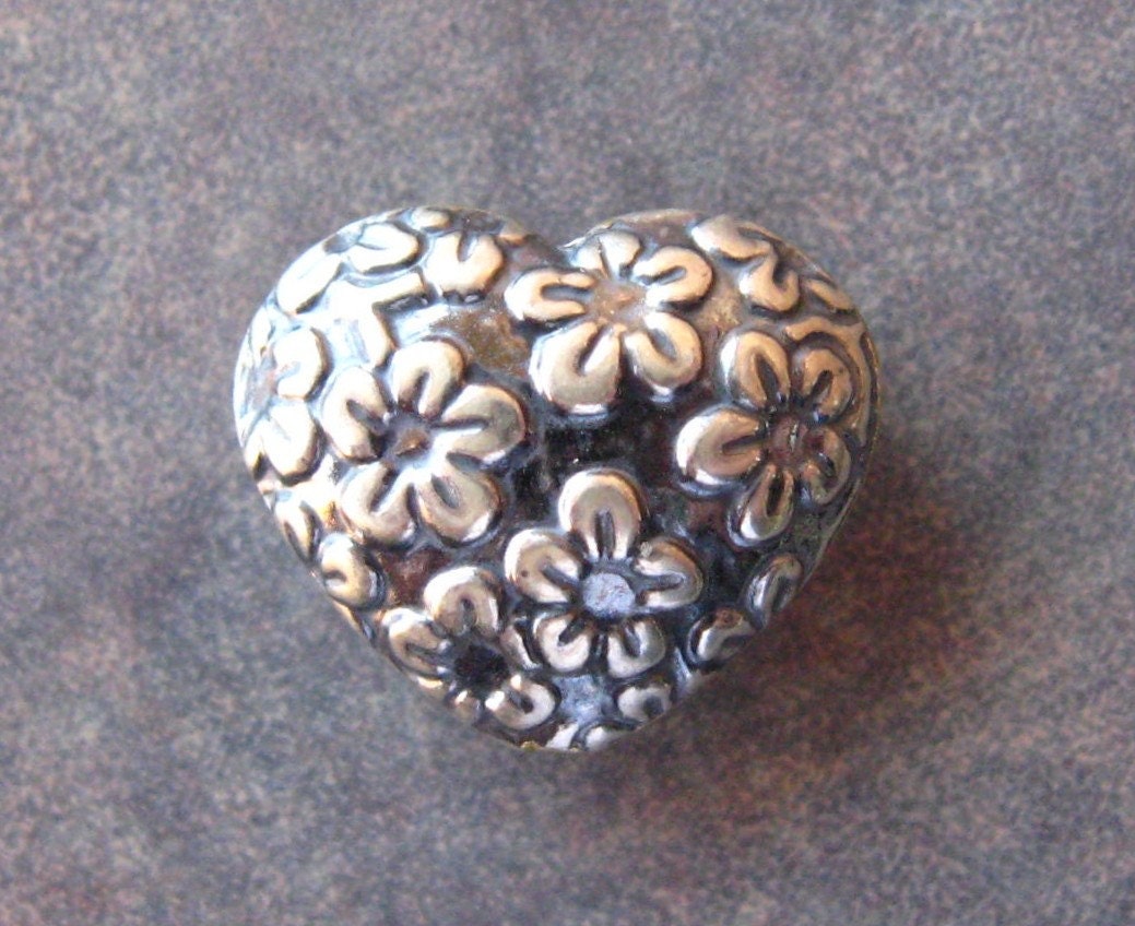 1 Sterling Silver Bali Puffy Heart With Flower Detail Bead - 16.75mm x 14mm