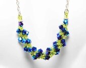 Indigo Swarovski Necklace Dark Indigo 2X AB Chartreuse Beadweaving Sterling Silver - "Sparkling Stars"