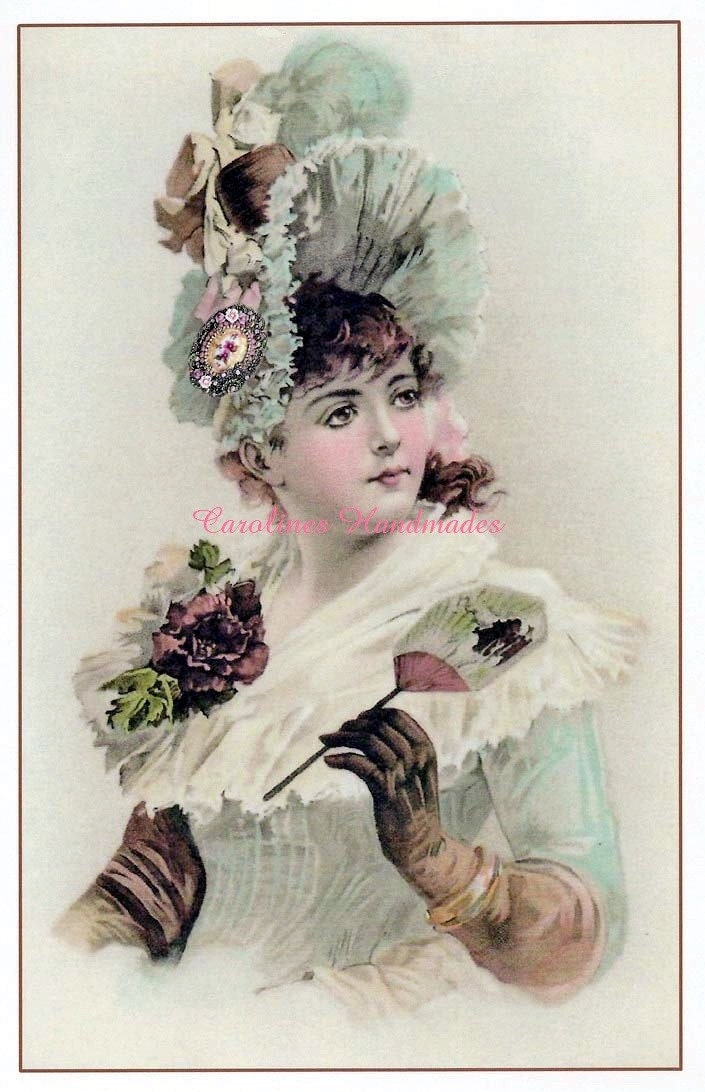 Victorian Lady and Fan Reproduction Cotton Fabric Art Print 4.5X7" Applique