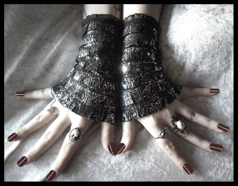 Rain Dance Arm Warmer Wristlets - Black - Ruffled Metallic Silver Shine Foil - Gothic Dark Fetish Burlesque Goth Vampire Lolita Rococo Glam