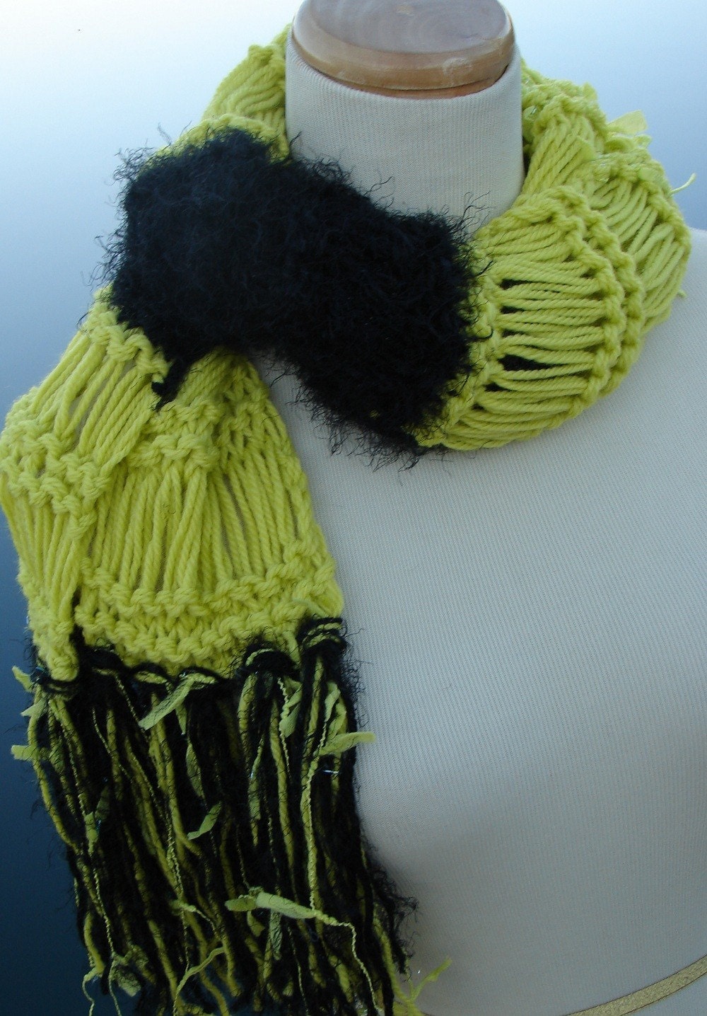 Lemon Grass with Black Hand Knit Scarf