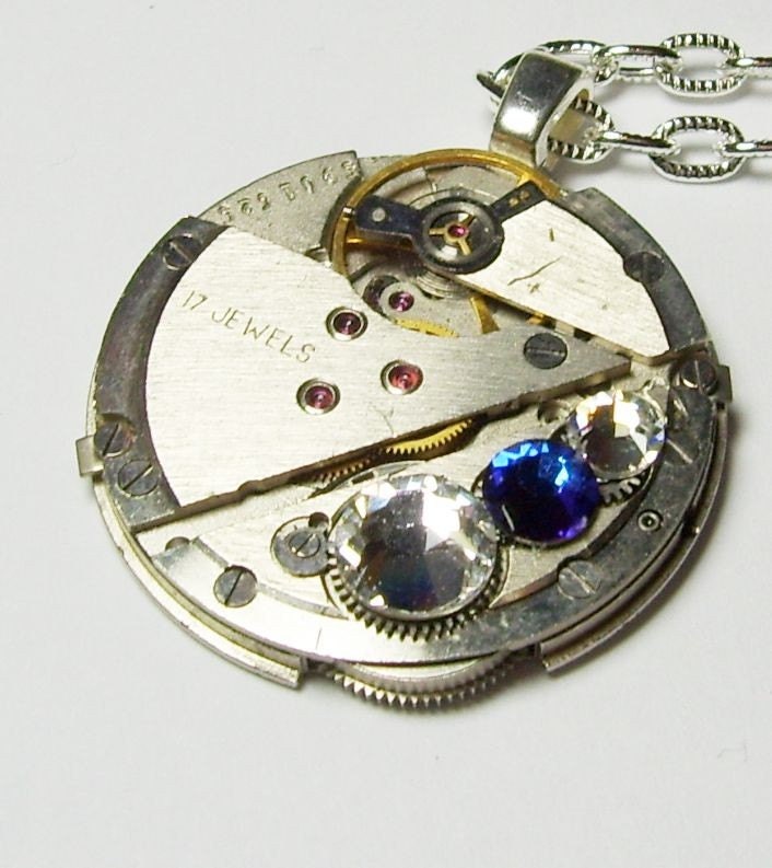 Antique Silver Vintage  17 Jewel  Watch Movement  Blue Swarovski Crystals UNISEX Gothic Steampunk Pendant Necklace (A40)
