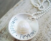 Hand stamped Personalized sterling silver handwritten freshwater pearl Mothers Necklace