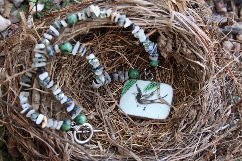 BLACKBIRD Necklace (Hand-painted porcelain, Ruby Zoisite, Moonstone, Onyx, Tourmalinated Quartz, Paua Shell)