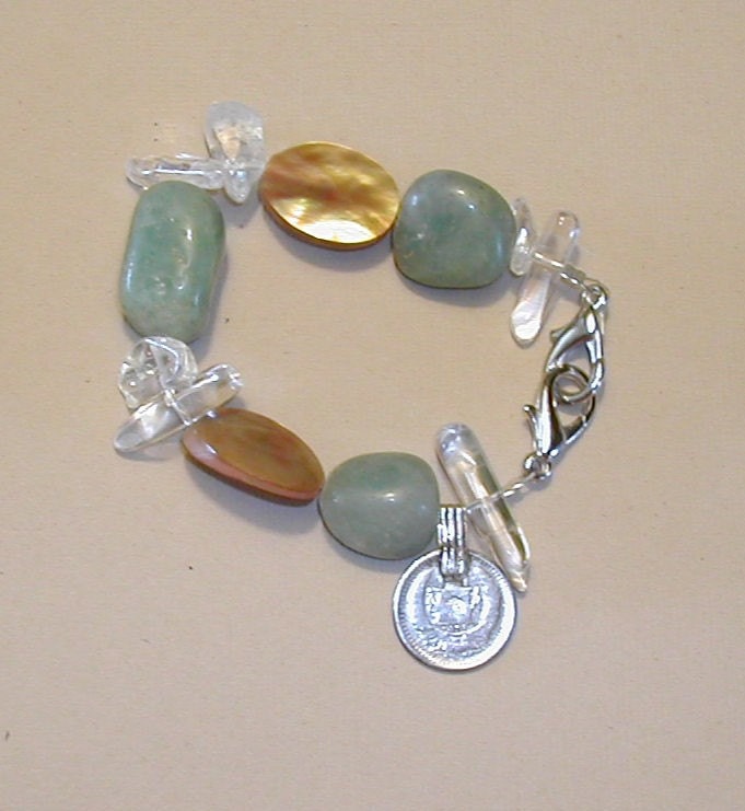 BRACELET - blue agate  with quartz points and mother of pearl