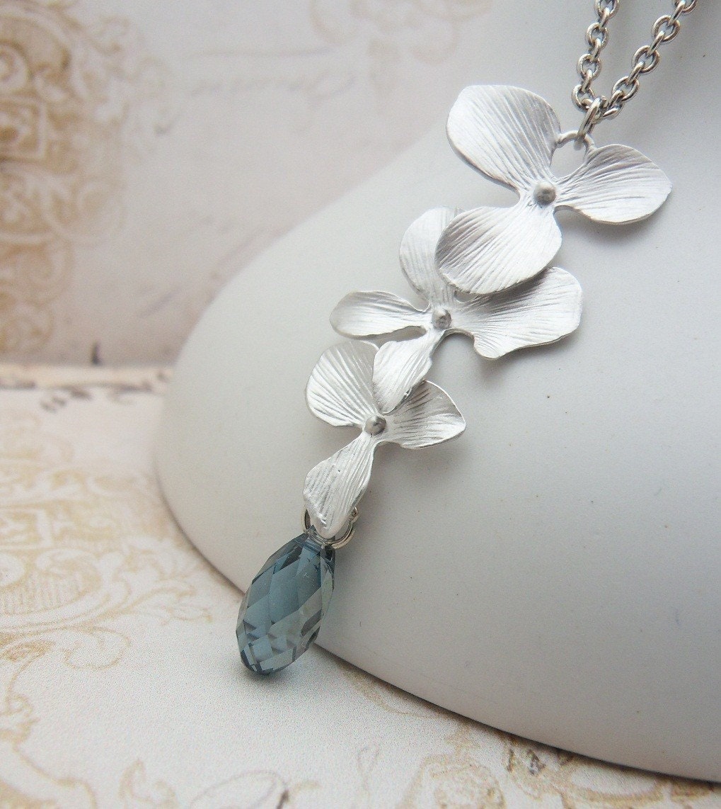 Classic silver Orchid Flower and Blue Swarovski Tear Drop Crystal  Pendant- Sterling Silver Chain