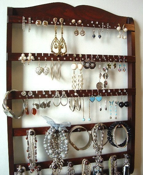 Jewelry Organizer, 20 Peg Bracelet Necklace Holder, 54 Pairs or More, Dark Mahogany, Oak, Wood, Boutique Quality & Design, 6/9