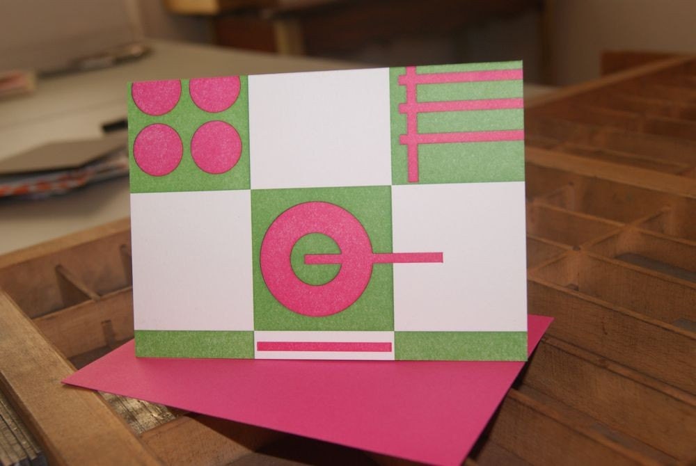 Raspberry and green modern, retro letterpress cards