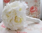 Wedding Bouquet - Ivory Rose Silk Bridal Bouquet with Feather Accents