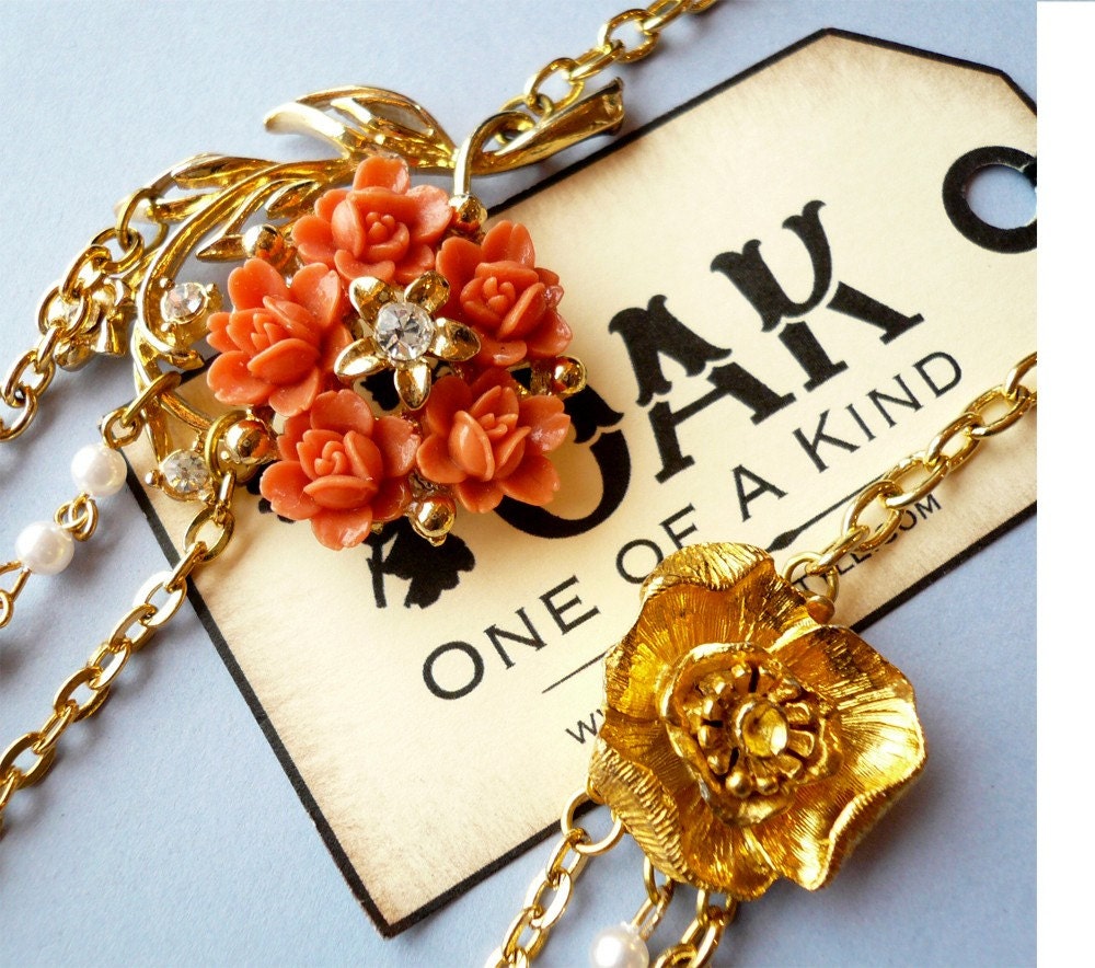 SALE Vintage one of a kind multi strand necklace. Floral brooch  - OAK.