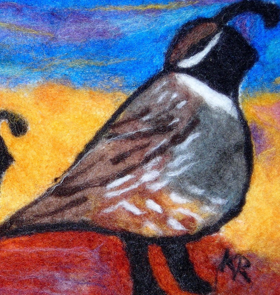 Three Quail - wool watercolor, felted