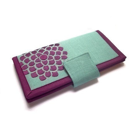 Womens Long Wallet / Handmade Clutch wallet / Plum Zinnia on Pale Blue
