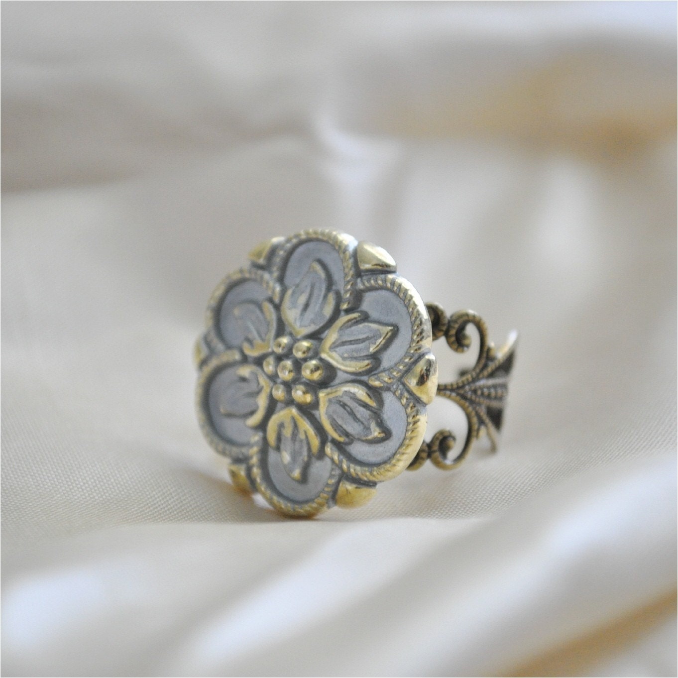 Ice Blue Gold Trimmed Metal Flower Ring, FREE SHIPPING ETSY, Yvette Ring