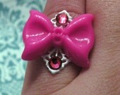 Pink Bow Teaparty Ring Adjustable Swarovski r03