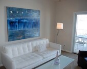 Enormous blue painting modern art on linen 48 x 60 inches
