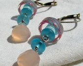 Aqua Glass and Faceted Pink Chalcedony Drop Earrings