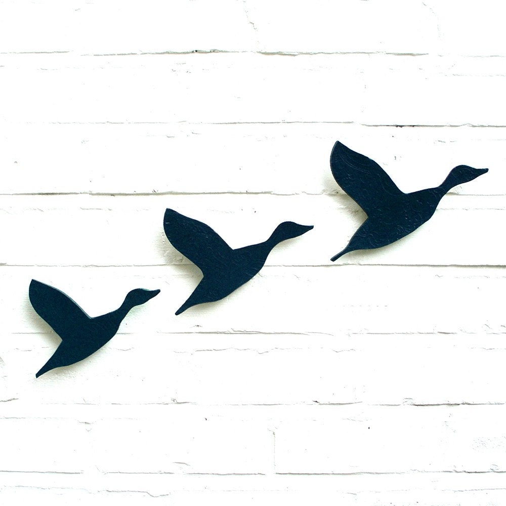 Ceramic wall art Flying ducks Flock in navy blue pottery Bird artwork set of three Original artwork Living room kitchen bathroom home decor