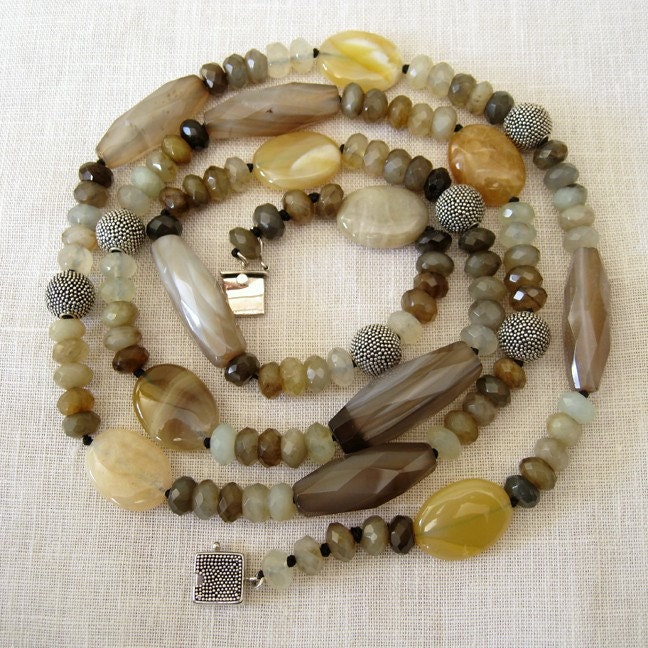 Lace Agate Jasper Long Handstrung Knotted Necklace Silver Clasp
