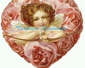 Angel In Rose Heart Reproduction Cotton Fabric Art Print 3X3" Applique