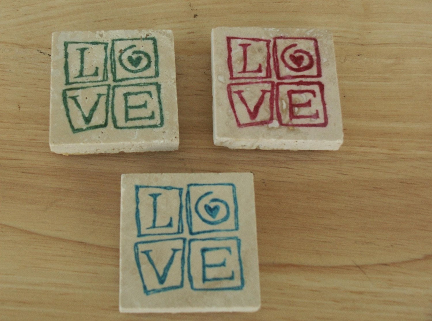 MEMORIAL DAY SALE Trio of Travertine Magnets with Love Stamped on them - blue, green and pink