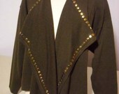 Vintage Eighties Open Front Brown Wool Cardigan Sweater with Metallic Studs by Suzelle