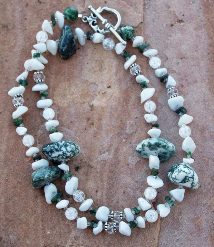 WINTER PINES 2 Necklace (Tree Agate, Marble, Emerald, Quartz, Sterling Silver, Czech Glass)