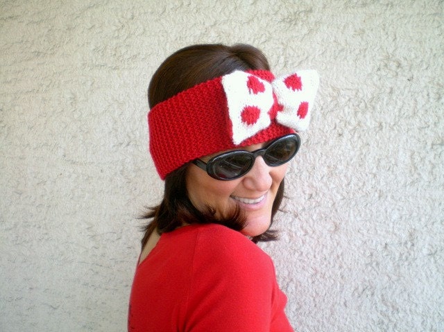 Knit Red Earwarmer with Big Polkadot Bow Red Hairband - bysweetmom