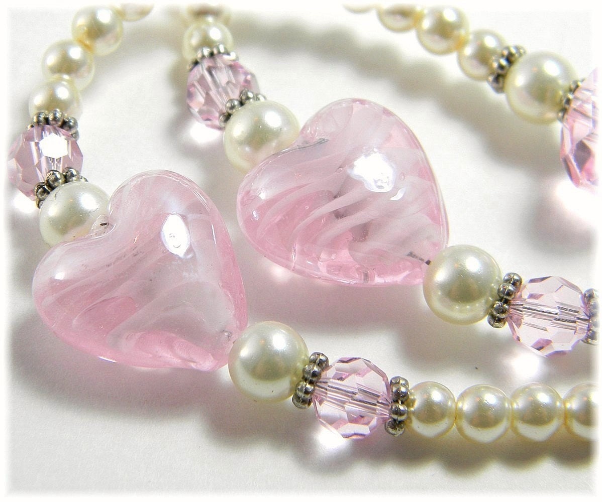 Pink Heart Beaded  Lanyard ID Badge Holder Beaded with Pearls and Pink Crystals