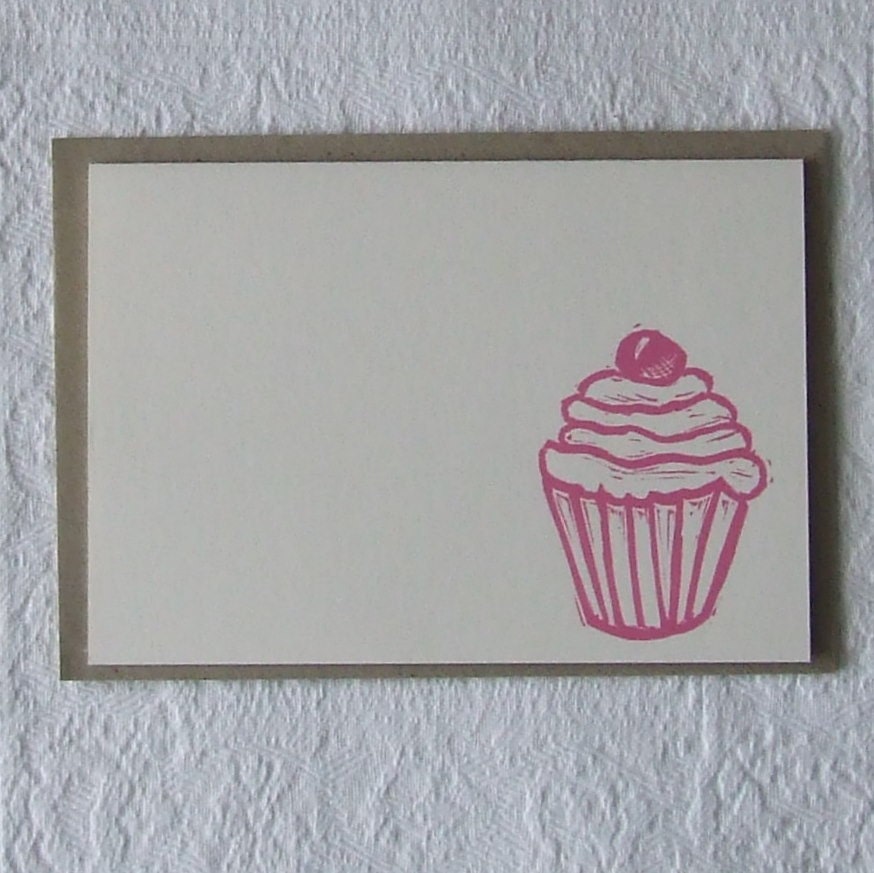 linocut card, cupcake