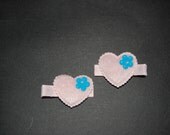 Light Pink Hearts with Blue Flowers Hair Clippies (Set of 2)